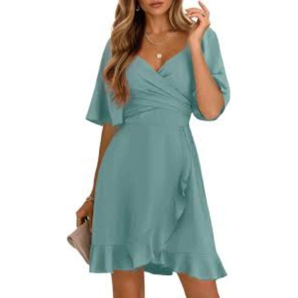 New NWT Women's Wrap V Neck Ruffle Short Flared Dress Large L